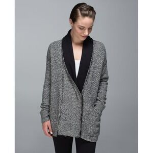 Lululemon Post Practice Cardigan Womens XL Black Grey Sweater Shawl Collar Tweed